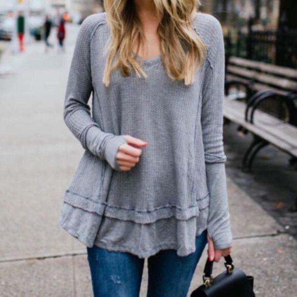 Free People Waffle Thermal Long Sleeve Top in Grey - Picture 1 of 11